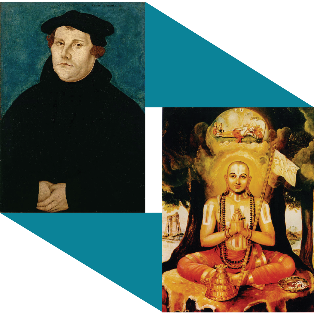 A portrait painted of Martin Luther, by Lucas Cranach der Ältere in 1529 appears in the top left, connected by triangles of dark turquoise to a painted portrait of Ramanuja by Debanjon shown in the bottom right.