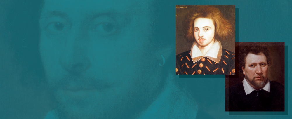 Portraits of Benjamin Jonson (National Portrait Gallery, London, NPG 2752) and Christopher Marlowe (The Master and Fellows of Corpus Christi College, Cambridge) appear as insets to the right, over a large painting of Shakespeare's face, behind a dark turquoise overlay.