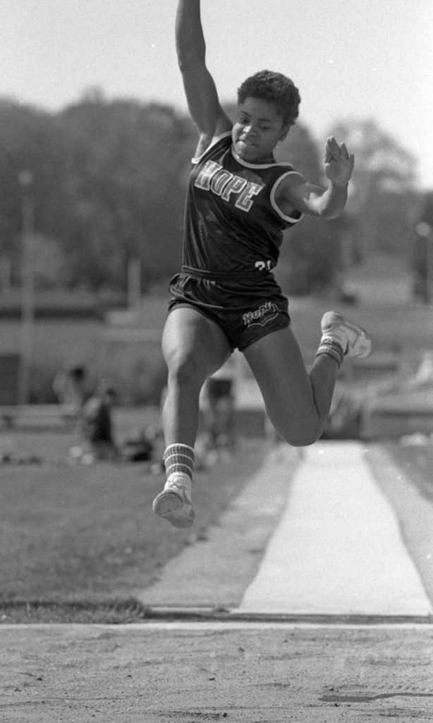 Paula Smith ’86, four-time MIAA champion in long jump
