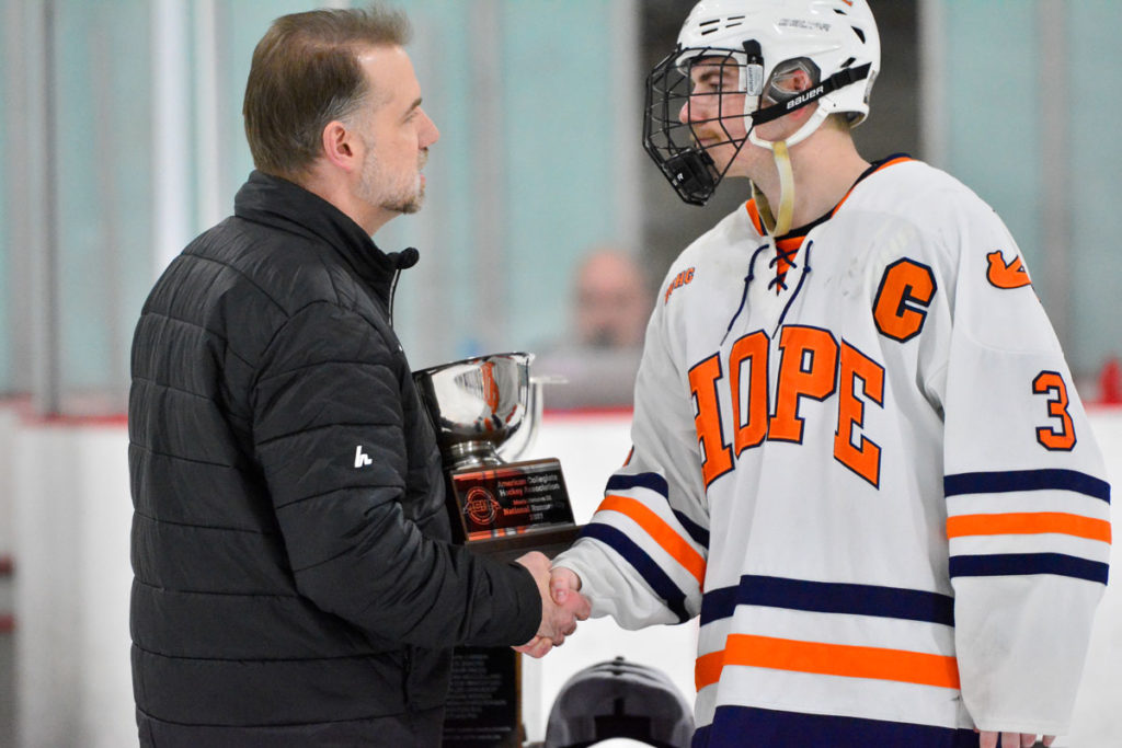 Senior captain Logan Faustyn and the Hope College hockey team were ACHA Division III national runner-up and Michigan Collegiate Hockey Conference Vezina Cup champions this season.