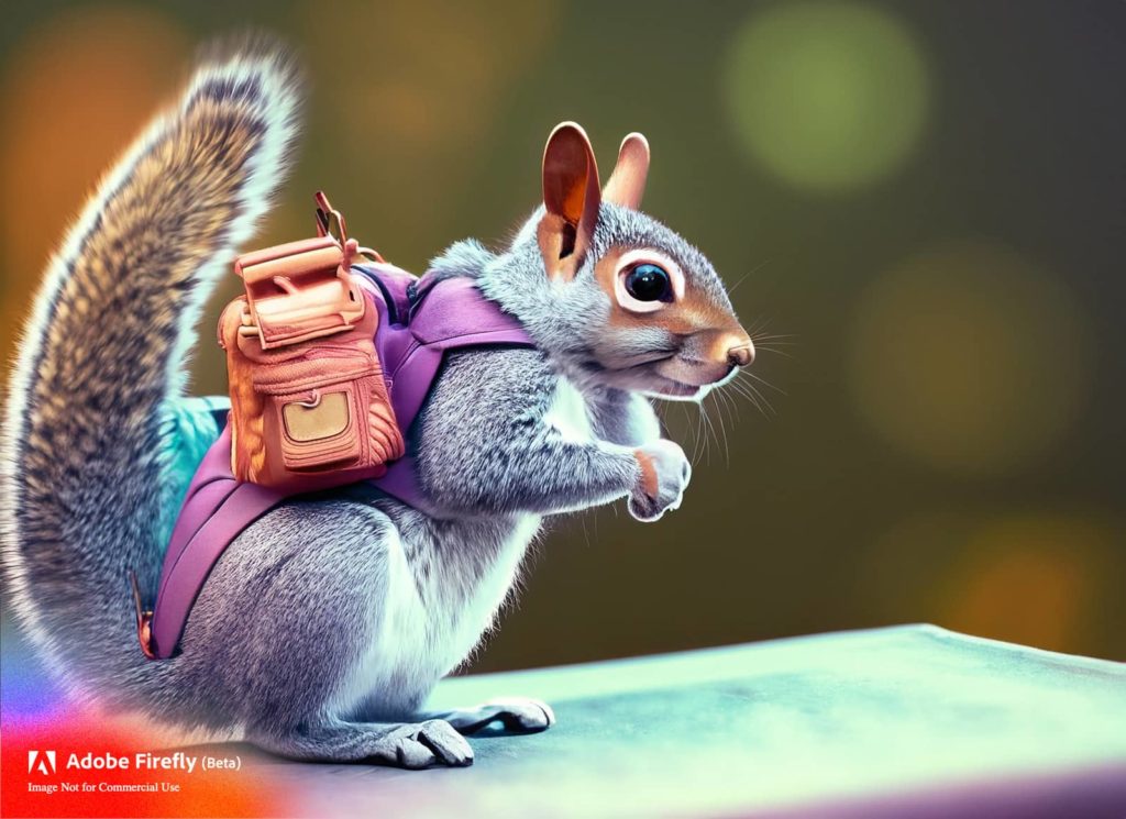 "Squirrel wearing a backpack" Created using Adobe Firefly (beta)