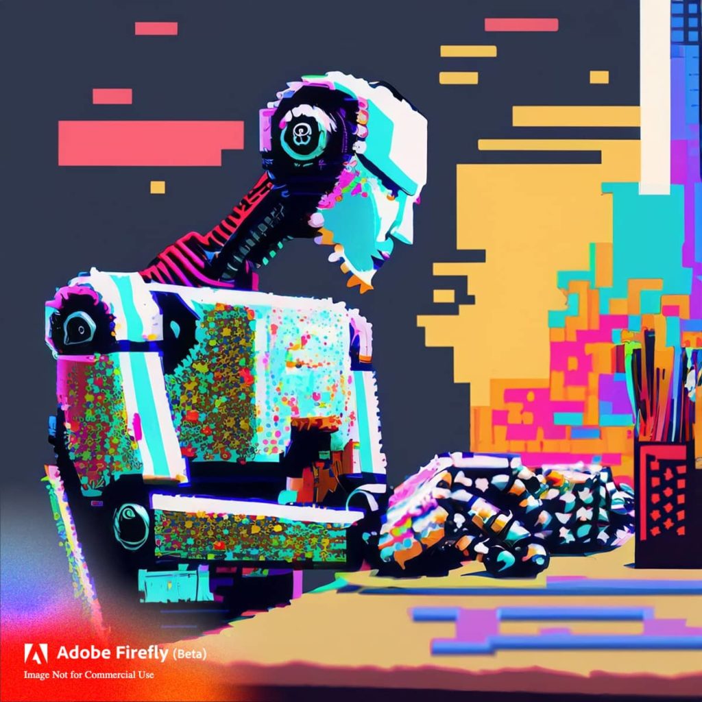 "Robot using a computer" Created using Adobe Firefly (beta)
