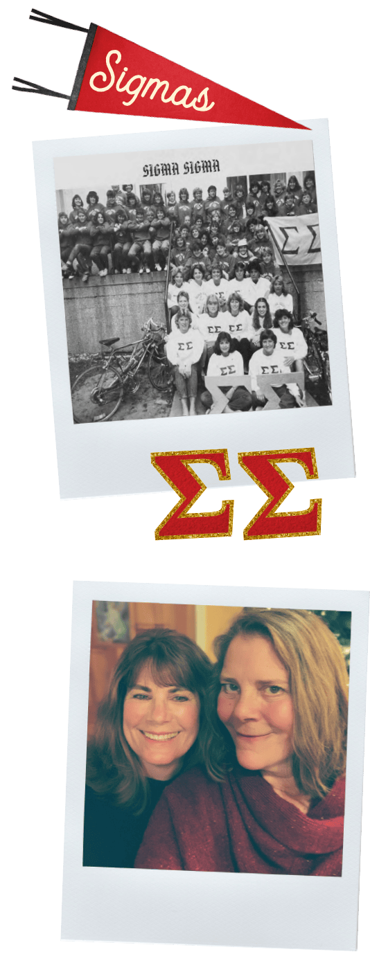 Decorative images: Sigma penant, class photo, Greek letters, followed by a photo of the sorority sisters featured in the story