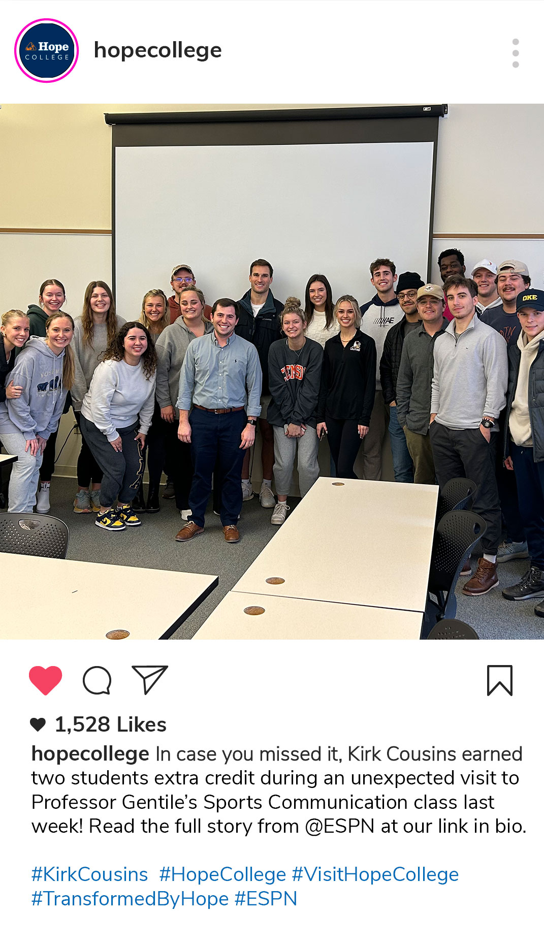 Kirk Cousins @KirkCousins8 "Two students stopped me after my PT session @ Hope...told me they'd get extra credit if I showed up to the class so I had to stop by. Professor Gentile, thanks for having me, but now I'm holding you to that extra credit!"